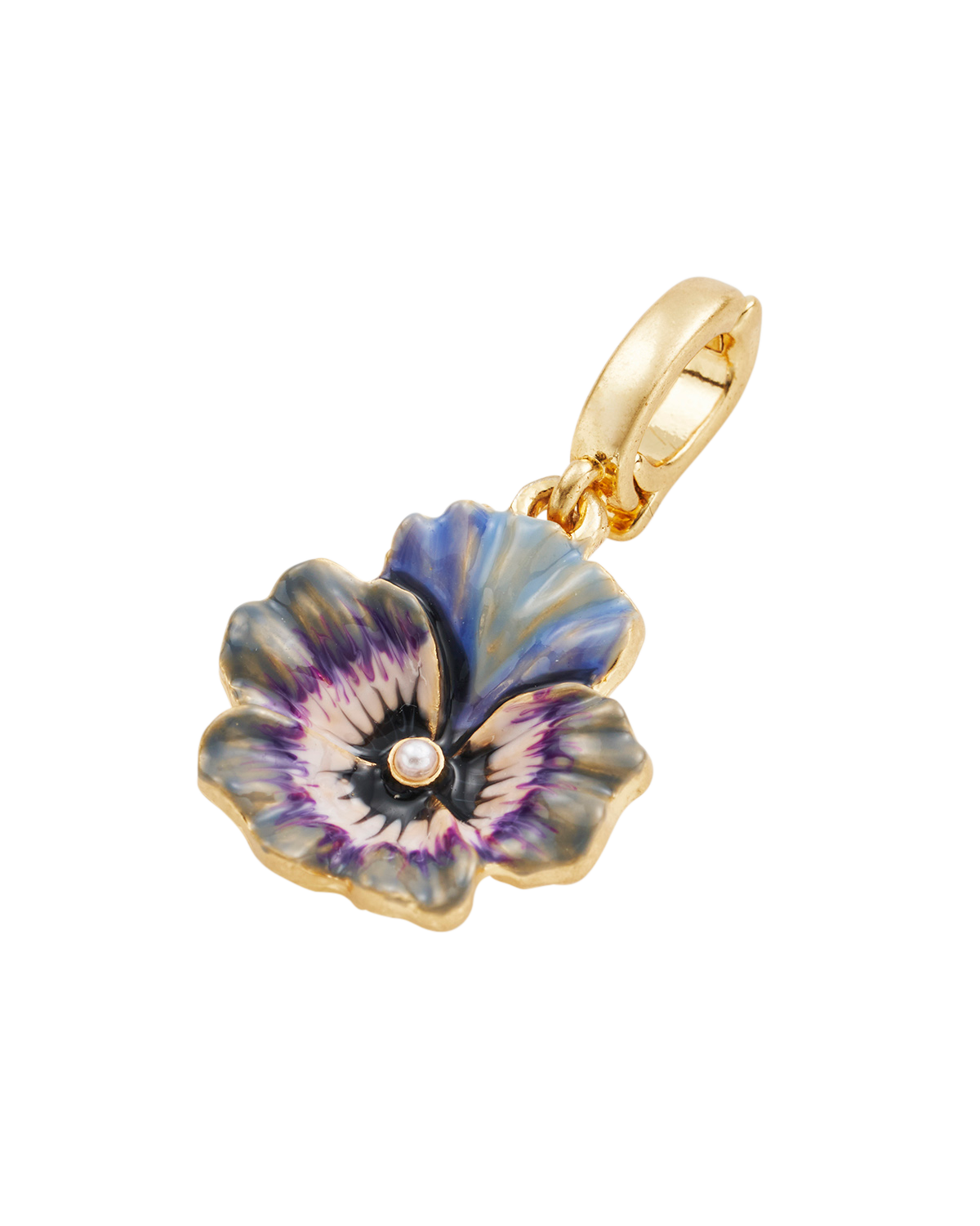 Gold Pansy & Pearl Charm in midnight and violet hues, detailed design with pearl accent on a gold-plated brass charm.