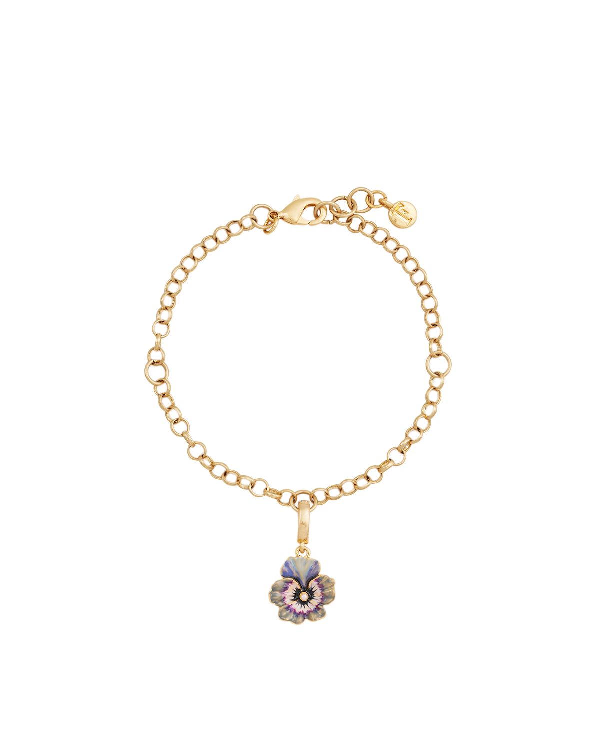 Gold Pansy & Pearl Charm bracelet featuring a delicate hand-painted pansy pendant in gold.