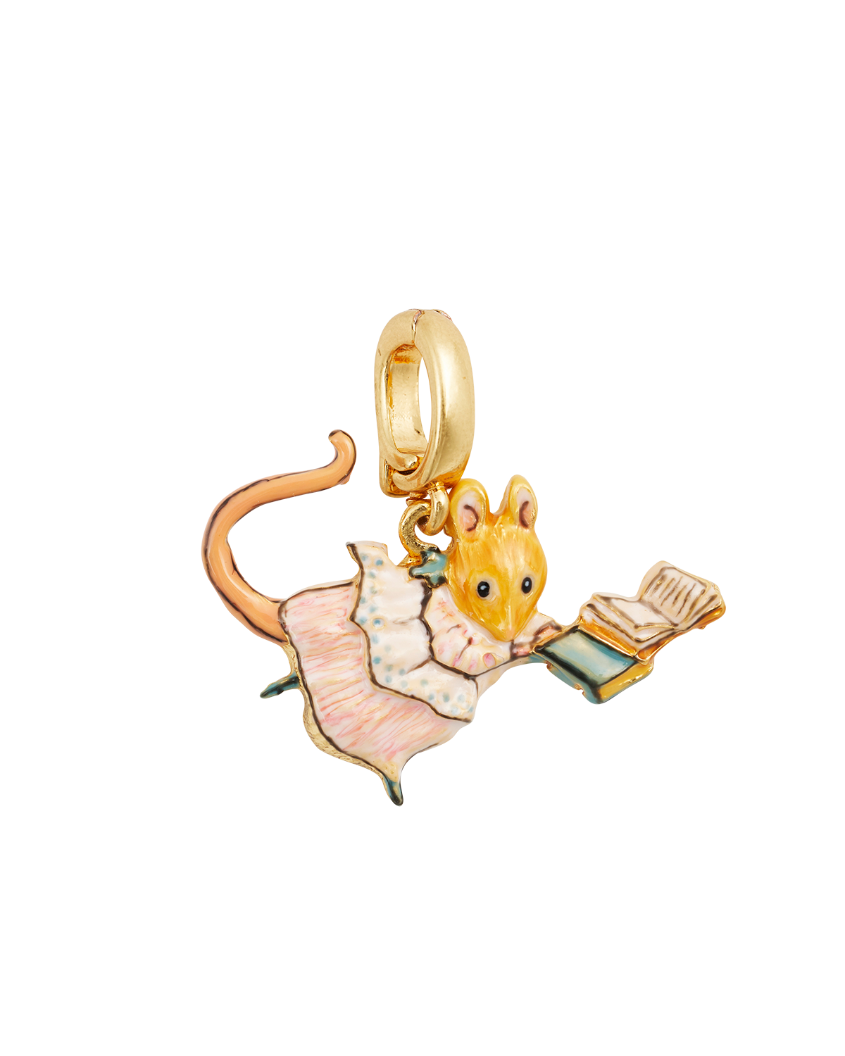Fable England x Peter Rabbit Appley Dapply Book Charm, a cute mouse holding a book in 22ct gold-plated brass.