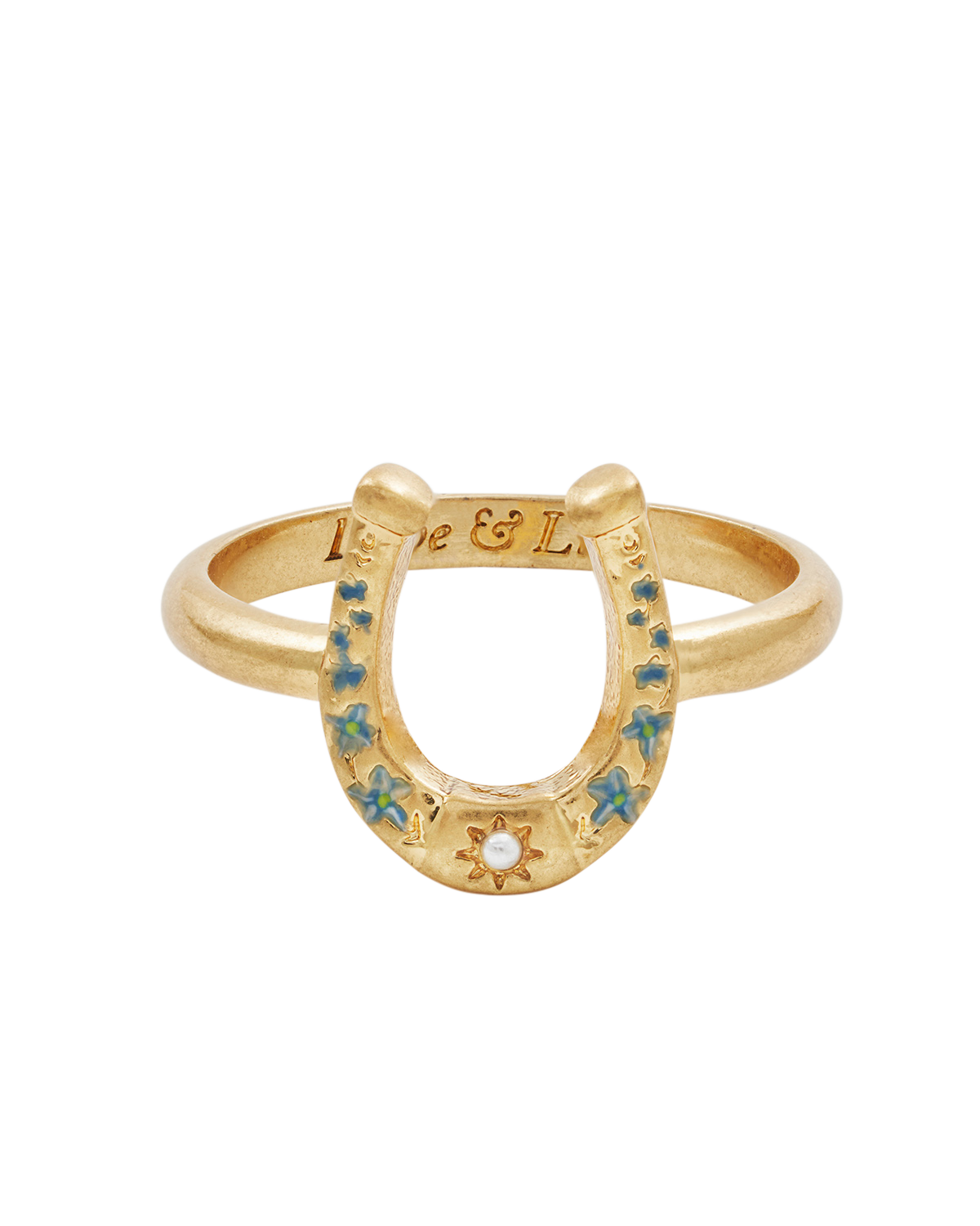 Lucky in Love Gold Ring featuring a horseshoe design, blue floral enamel details, and a pearl accent.