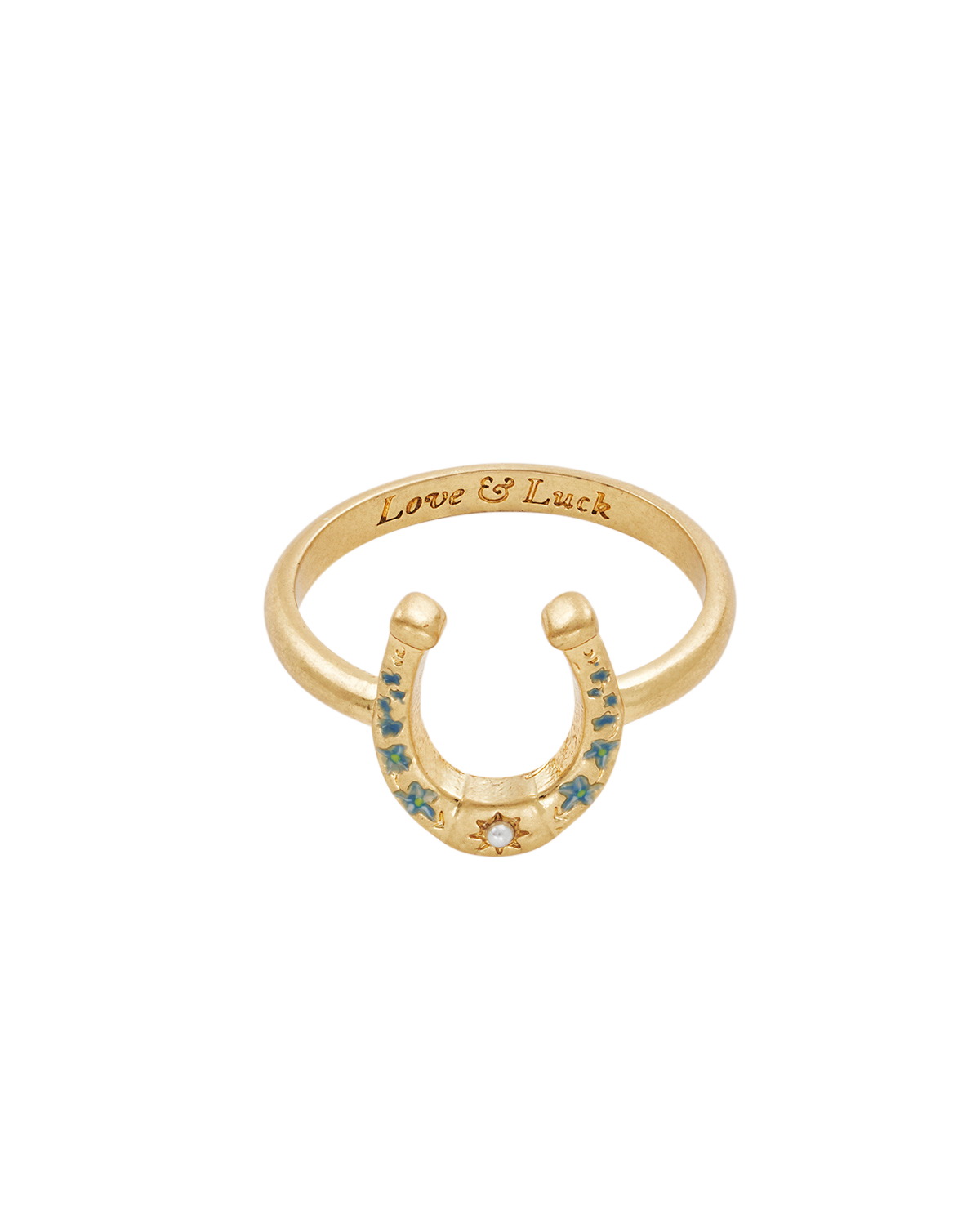 Lucky in Love Gold Ring featuring a gold-toned horseshoe with blue floral enamel and pearl accent, engraved 'Love & Luck'