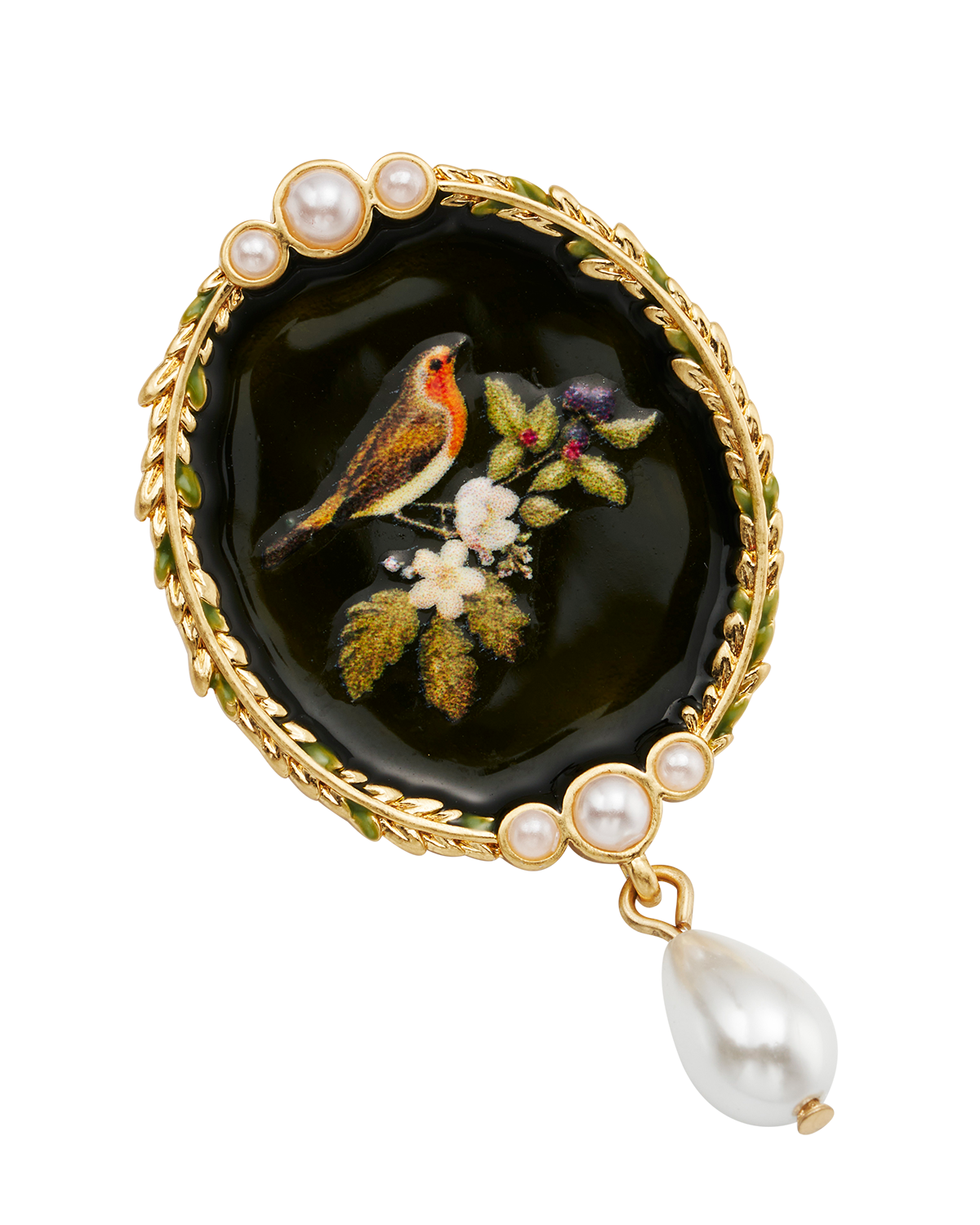 Robin Bramble & Pearl Brooch in Gold
