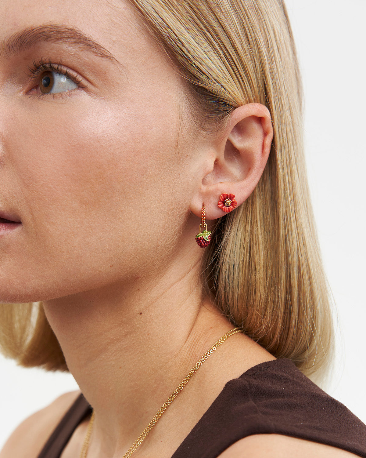 Red Blossom Stud Earrings in Gold