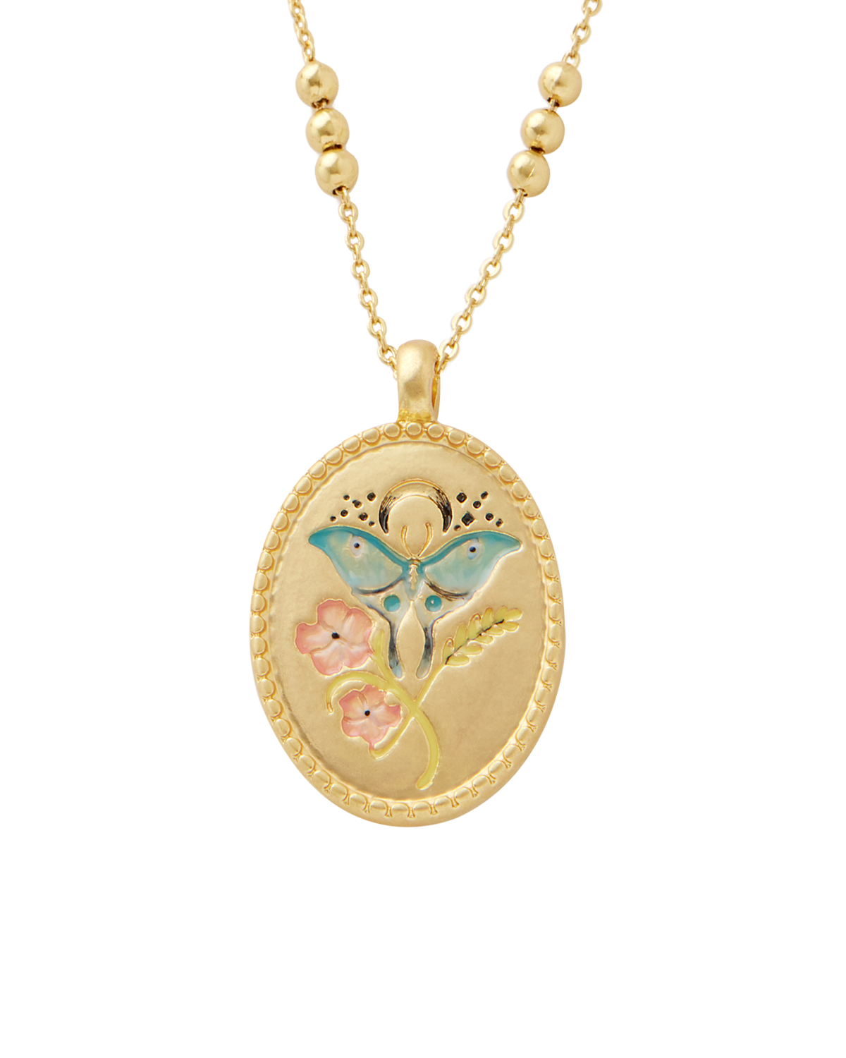 Gold Virgo zodiac necklace with a butterfly and flower pendant on a white background