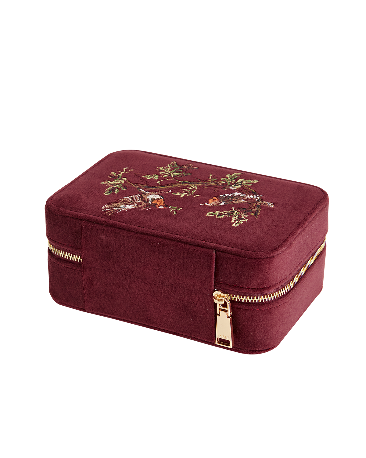 Robin Love Embroidered Large Jewellery Box Redcurrant Velvet