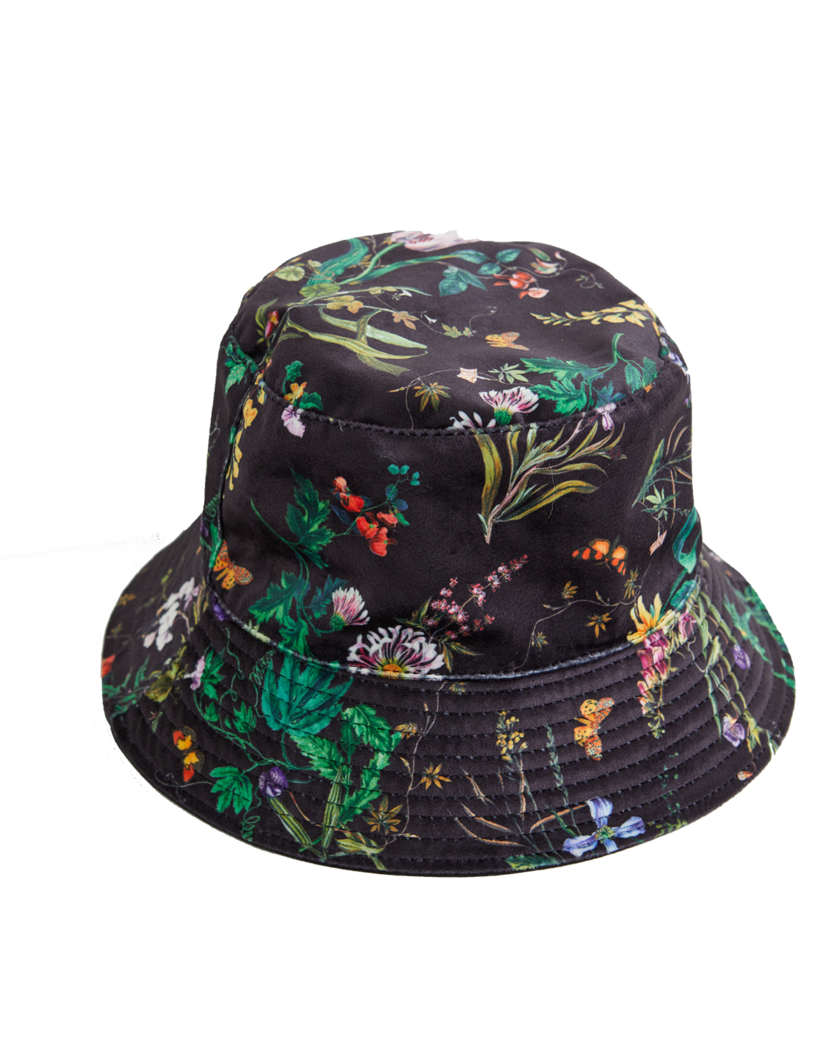 Black bucket hat with colorful floral pattern on a white background