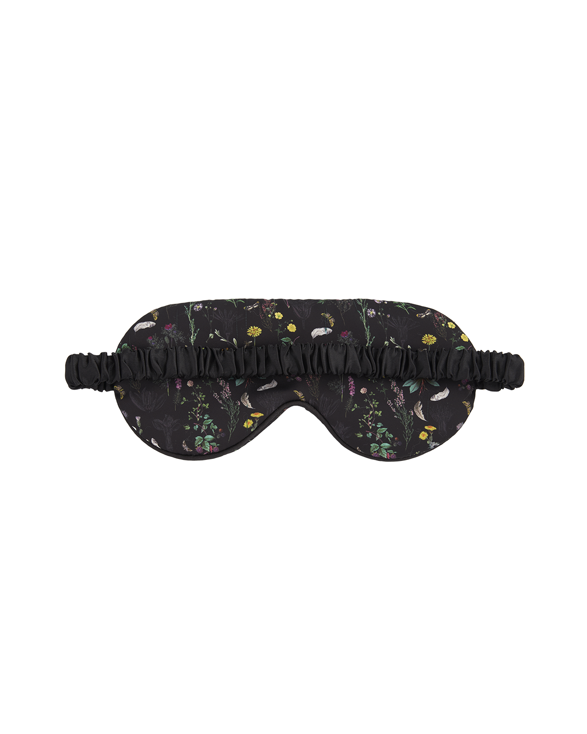 Black sleep mask with floral pattern on a white background