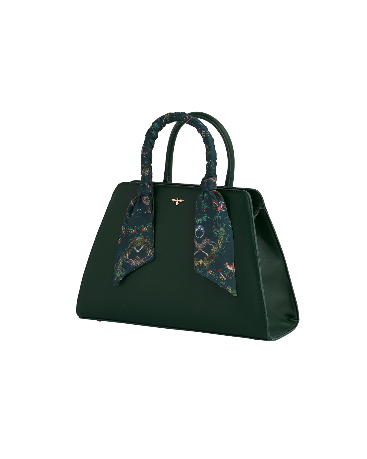 Green handbag with floral handle on a white background