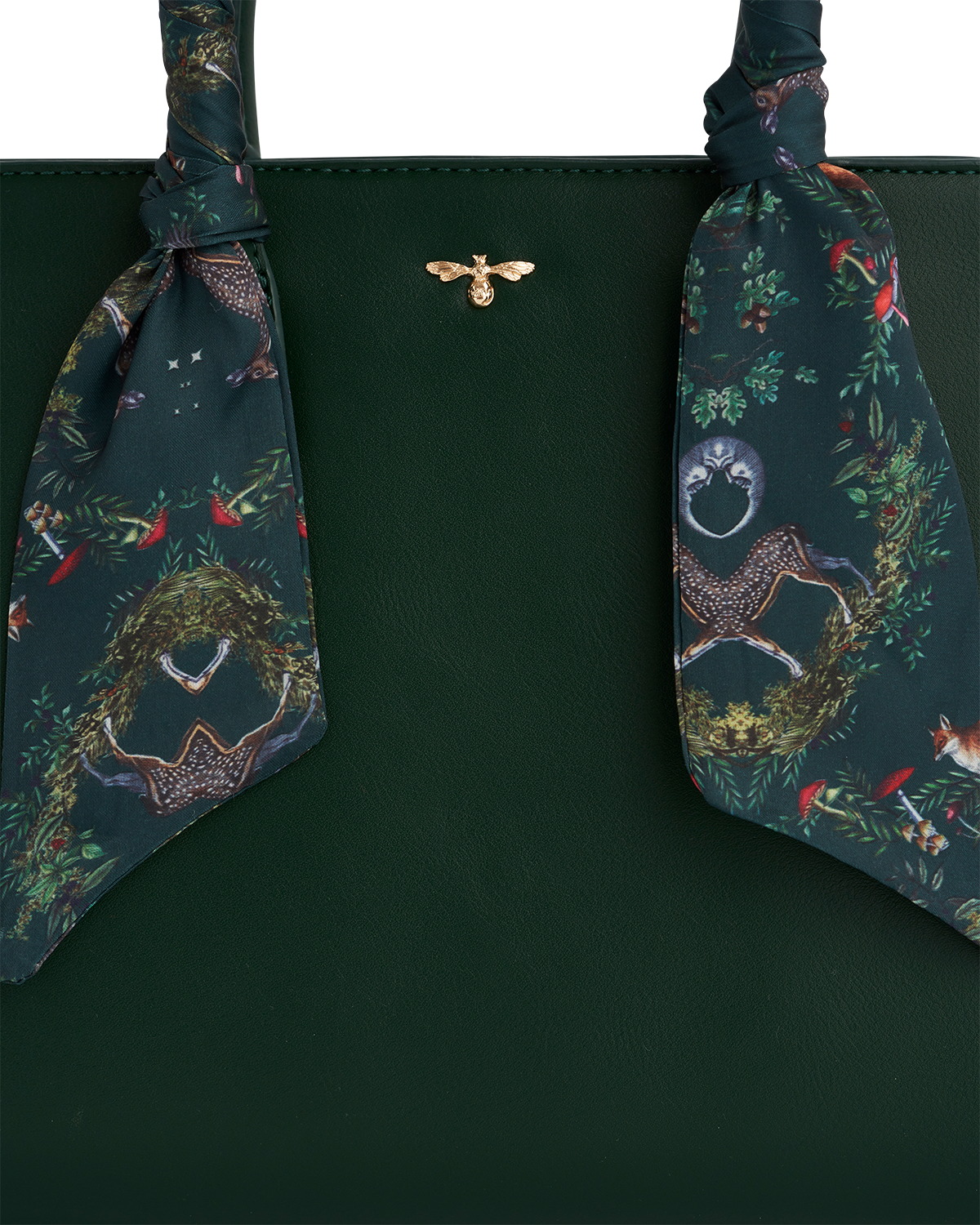 Dark green handbag with floral-patterned handles on a white background