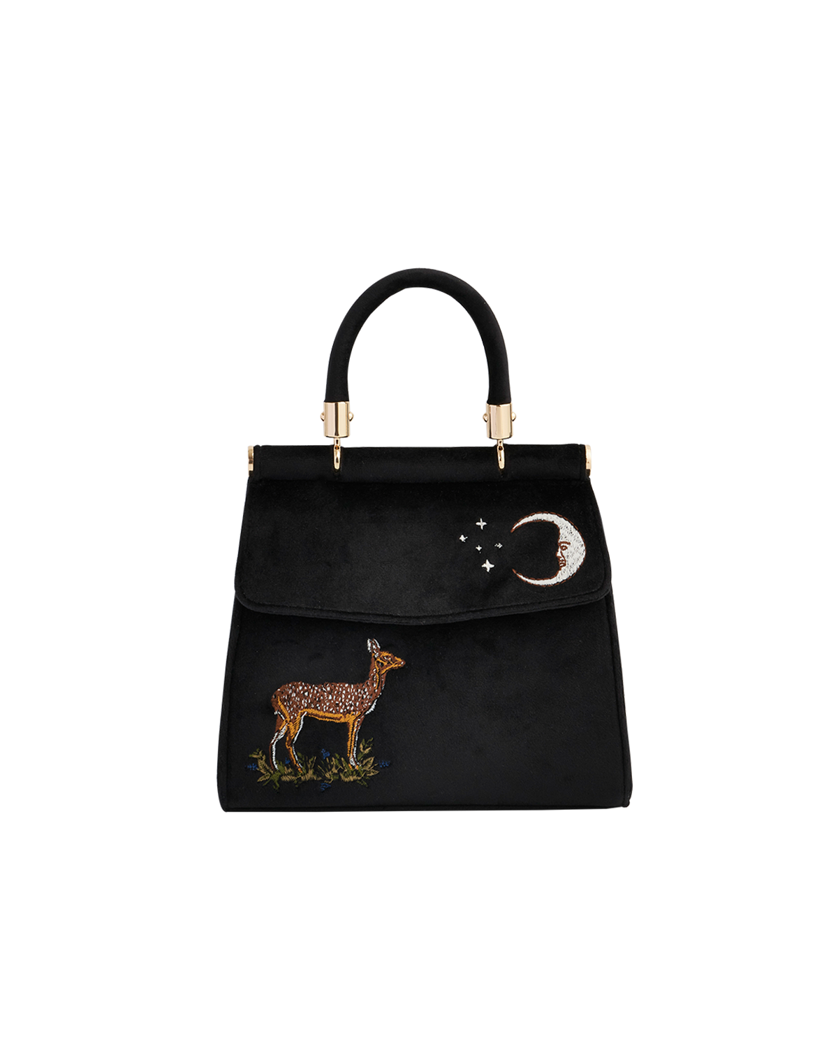 Deer & Moon Embroidered Black Velvet Tote
