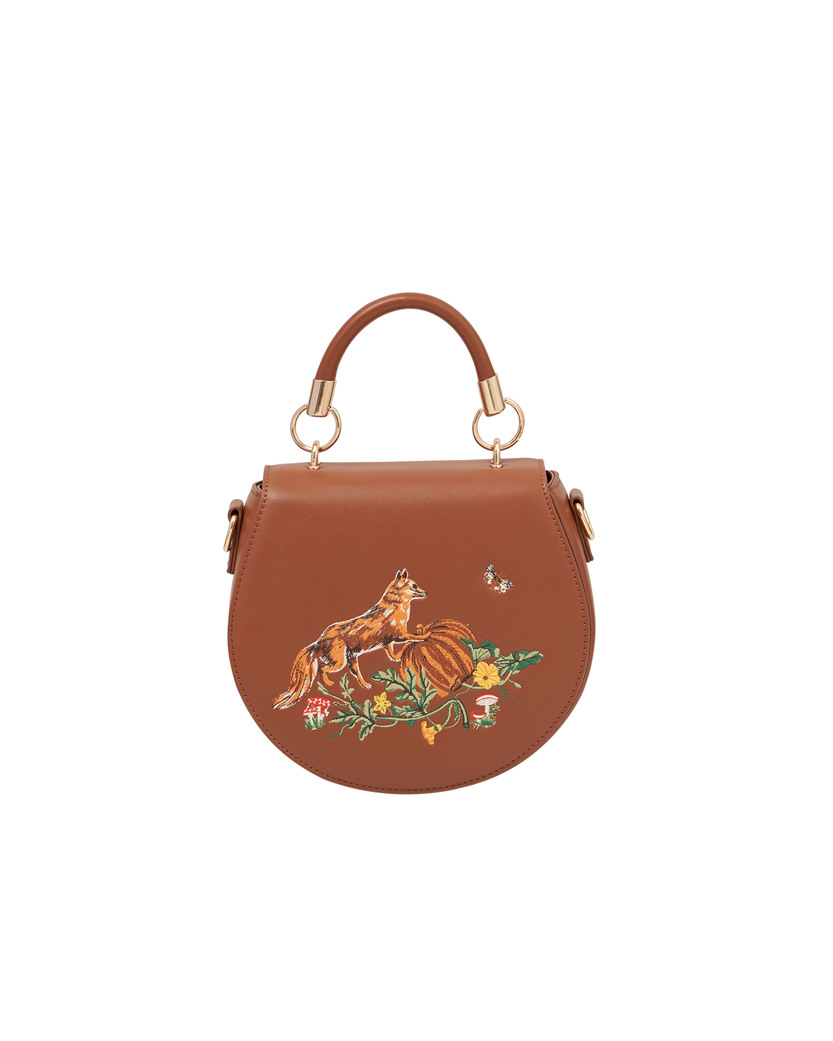 Fox & Pumpkin Embroidered Tan Saddle Bag
