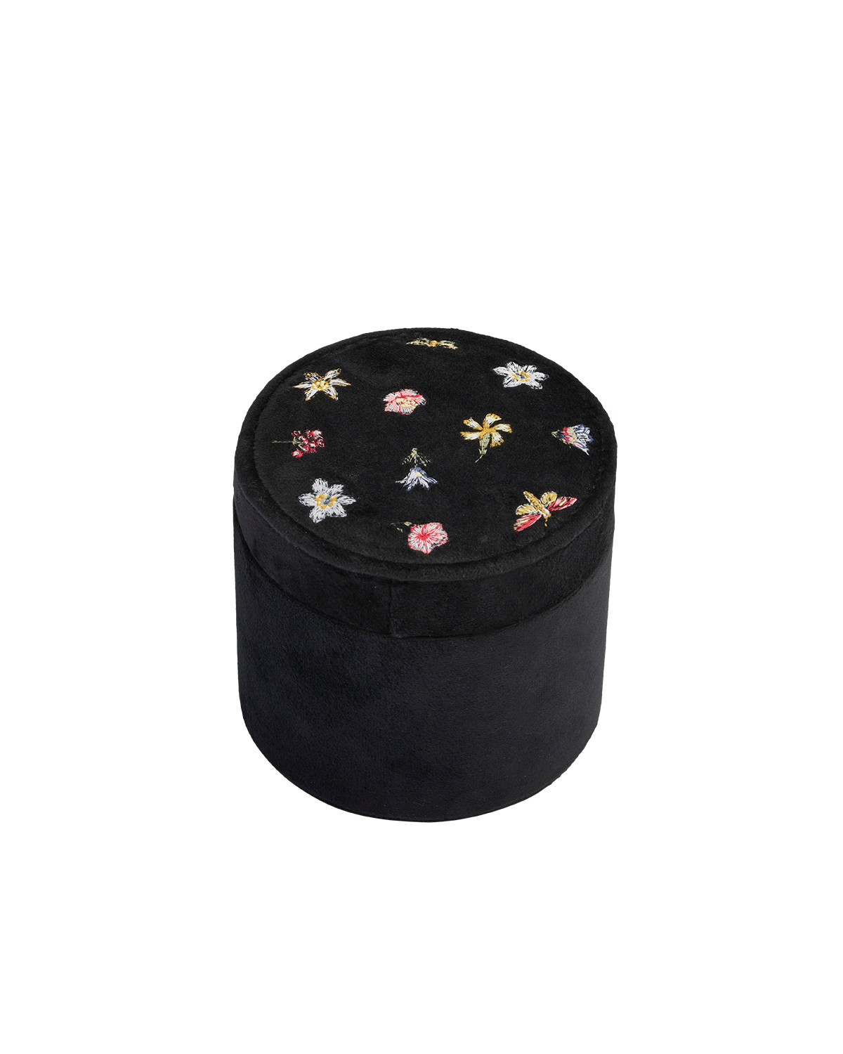 フローラル ディッツィ 刺繍入り ブラックベルベット ラウンドジュエリーボックス