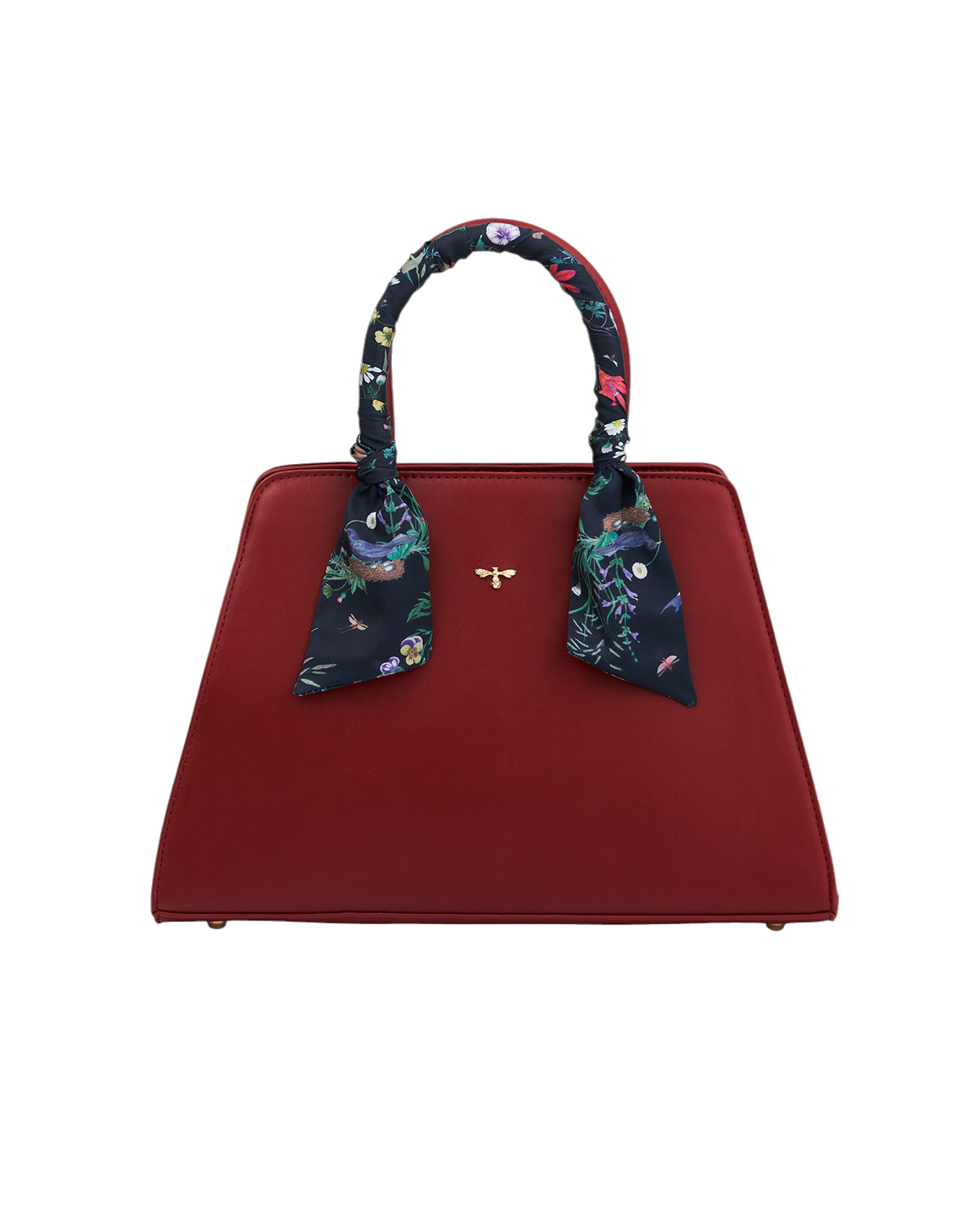 Red handbag with floral handle on a white background