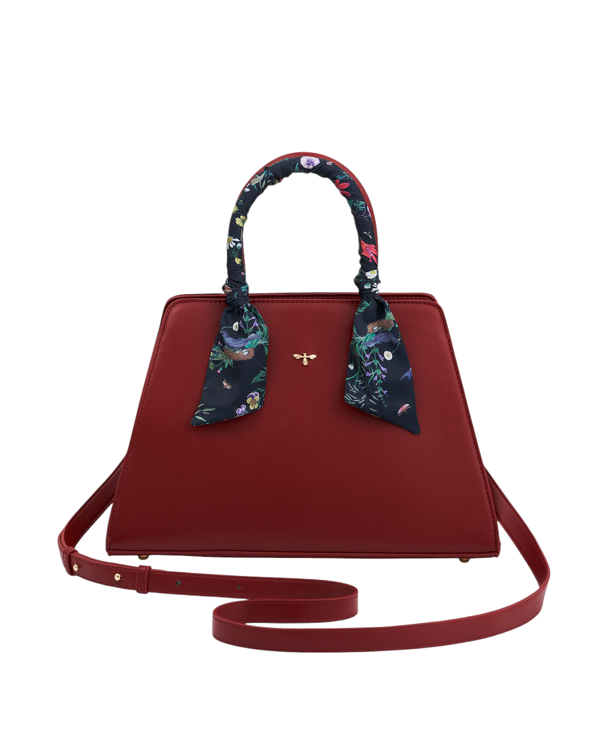 Burgundy structured tote with crossbody strap and scarf on handle