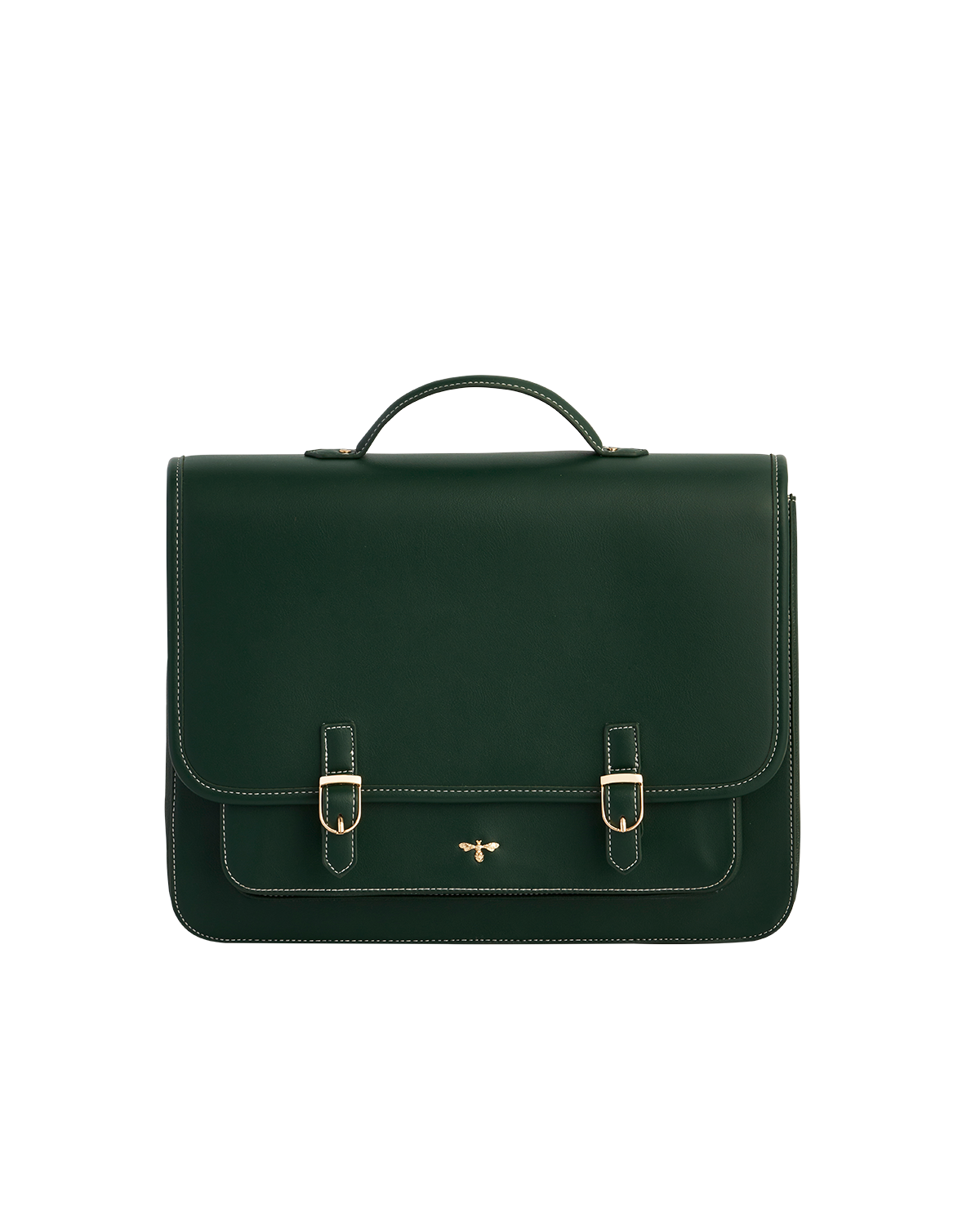 Green alternative leather satchel bag with shoulder straps gold buckles on a white background
