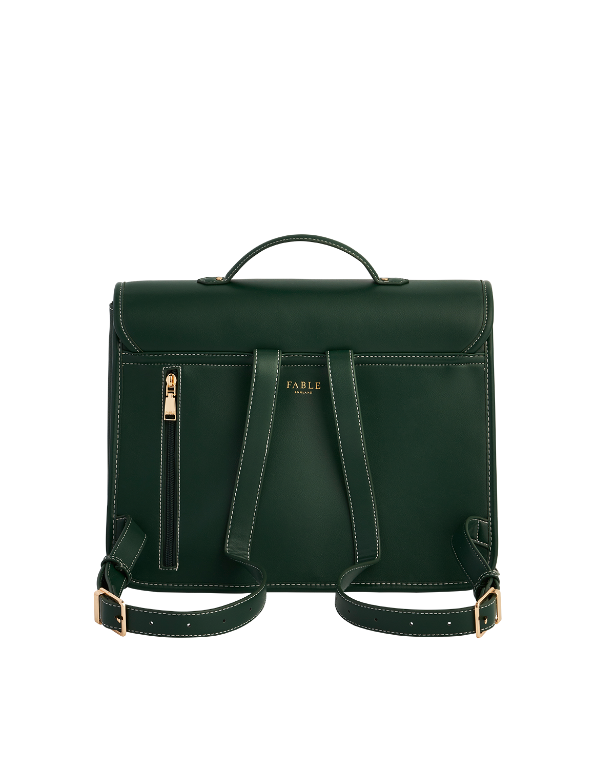 Green satchel backpack with a Fable England logo on a white background