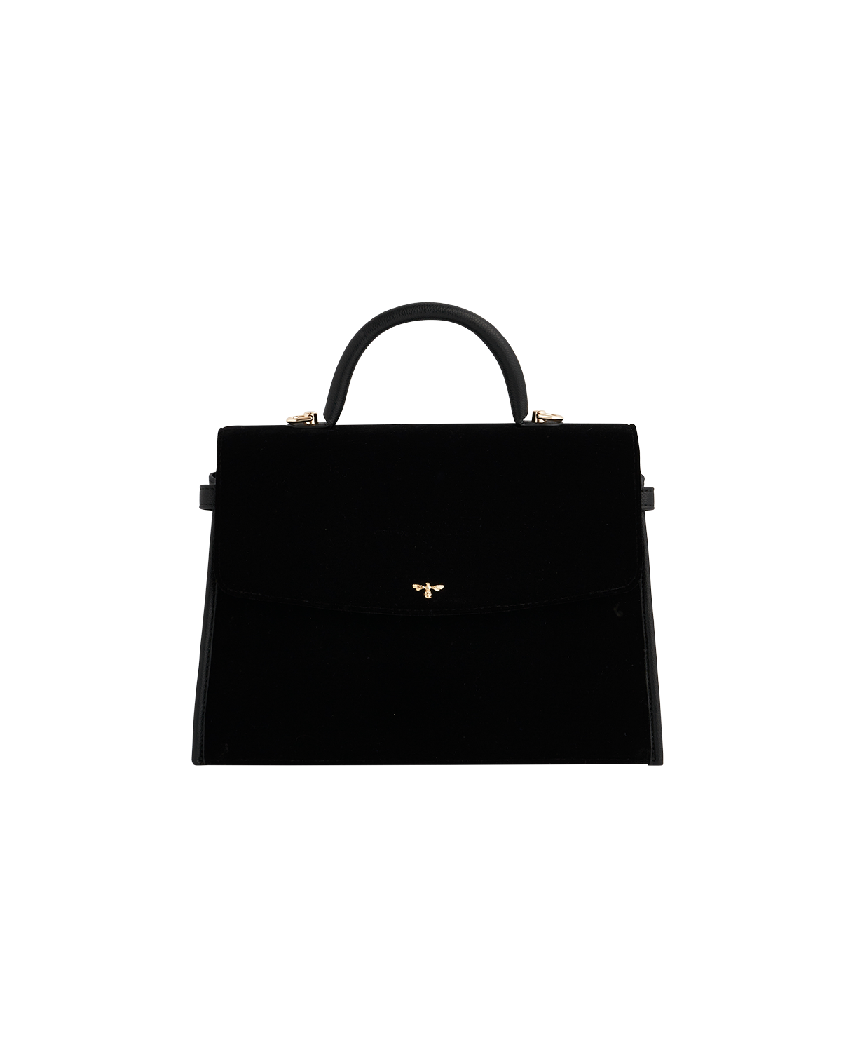 Black velvet handbag with a gold clasp on a white background