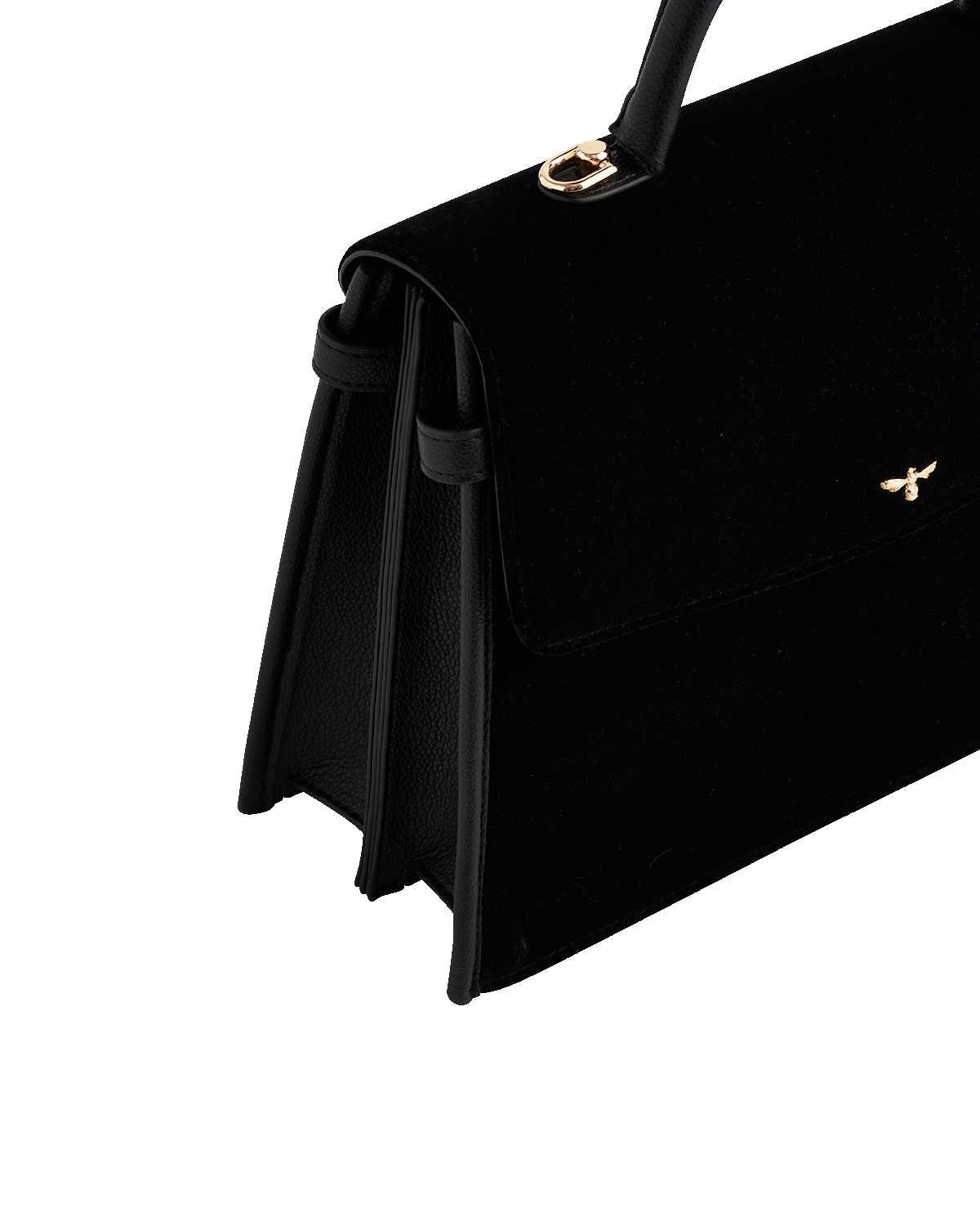 Black velvet handbag with a gold bee emblem on a white background