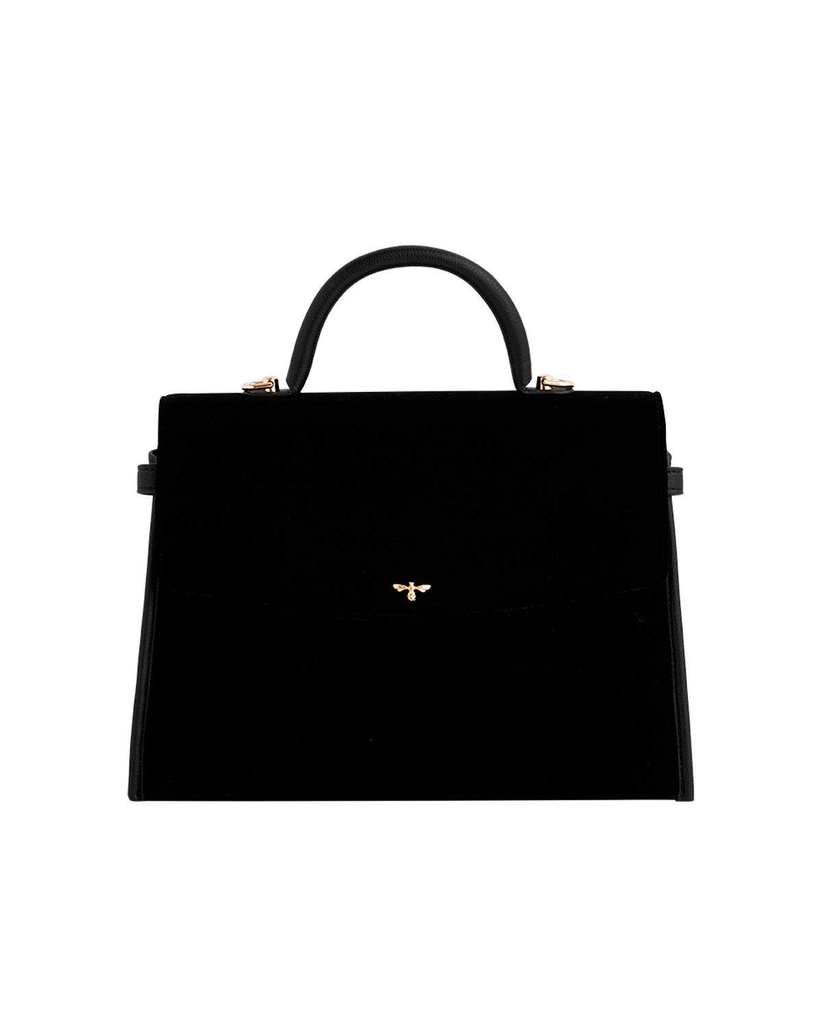 Black velvet handbag with a gold bee emblem on a white background