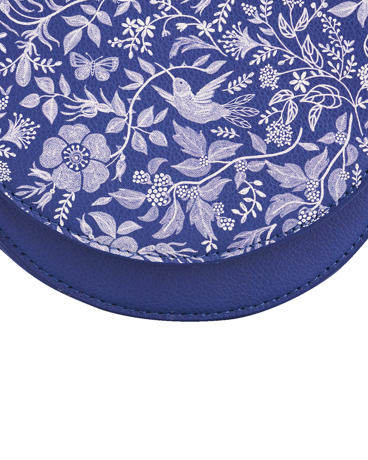 Close-up of a blue bag with white floral and bird pattern