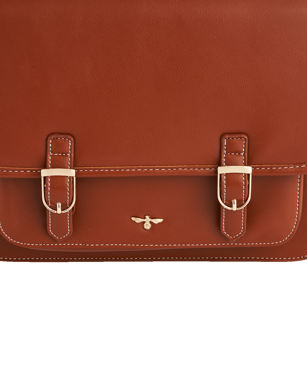 Brown leather satchel with gold buckles on a white background