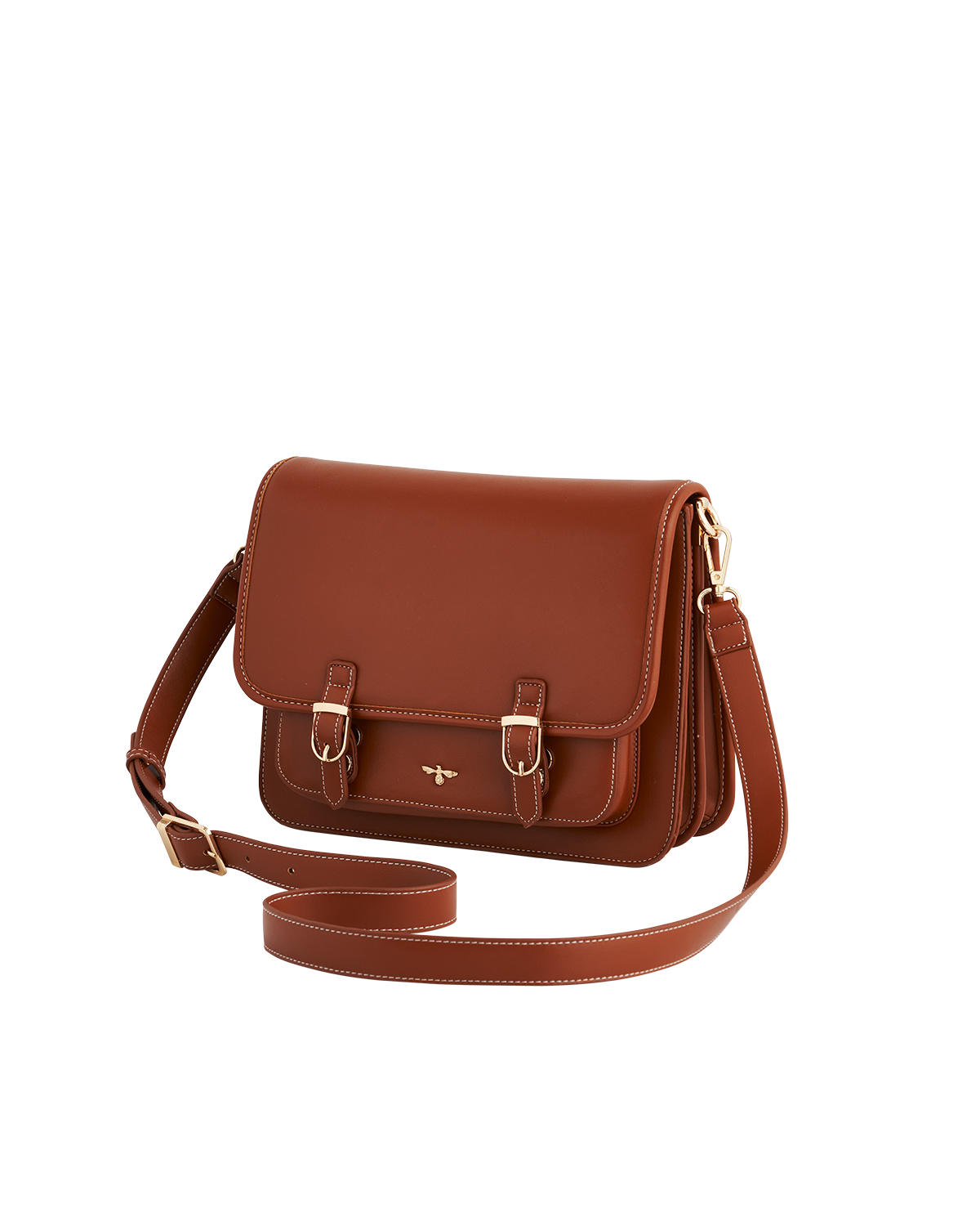 Brown leather shoulder bag with gold accents on a white background
