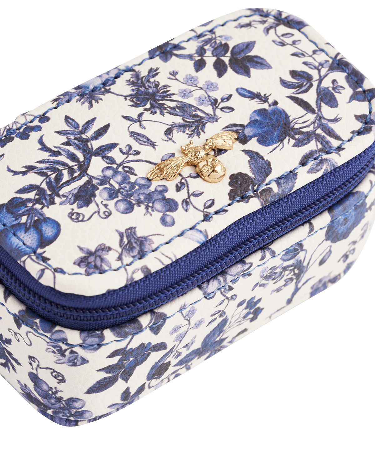 Blue floral-patterned mini jewellery case with a gold bee detail on a white background