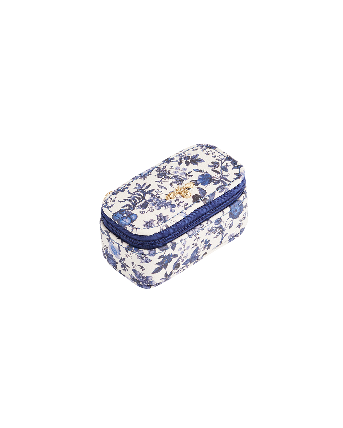 Floral-patterned mini jewellery case with blue flowers on a white background
