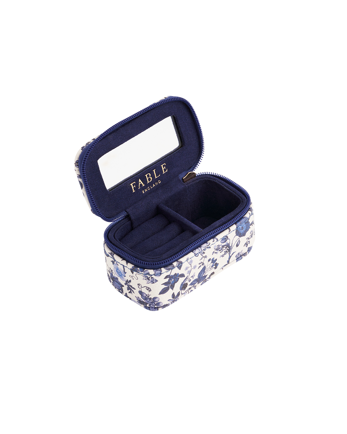 Navy mini jewellery case with floral pattern and 'Fable England' branding on a white background