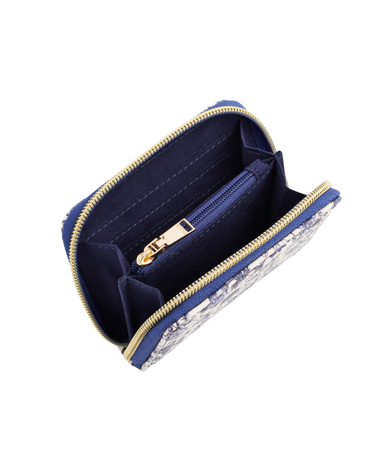 Navy blue wallet with gold zipper on a white background