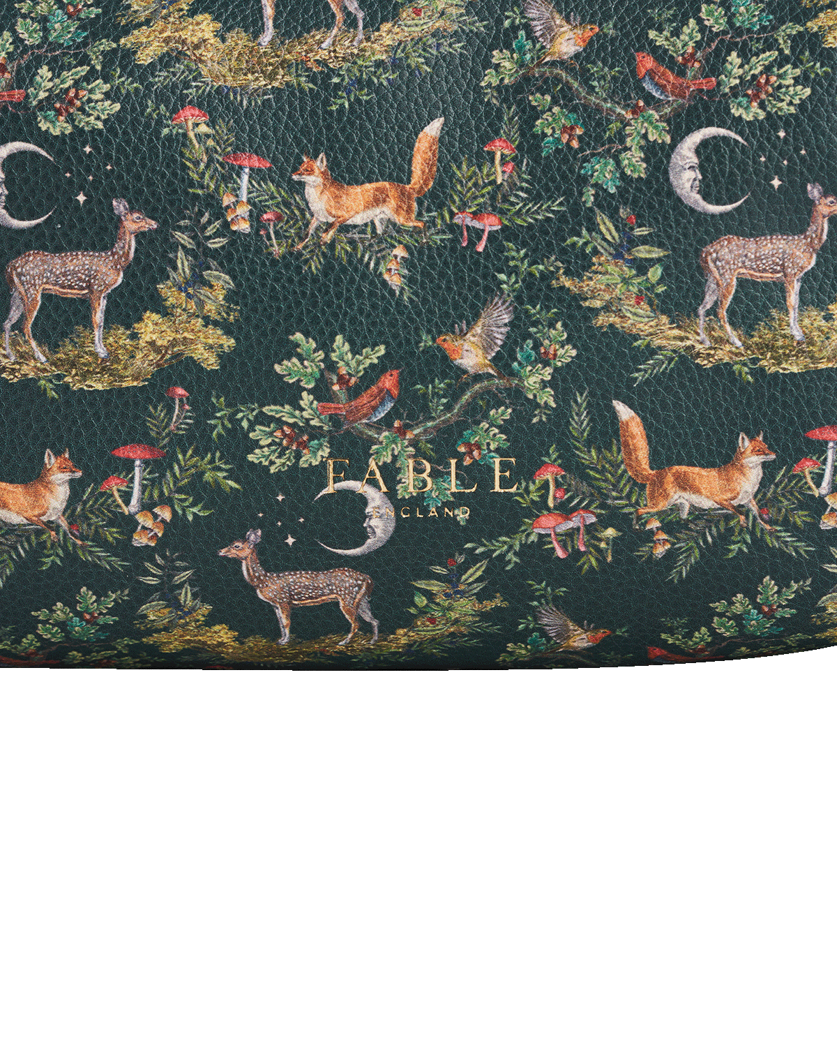 close up of woodland print cosmetic bag