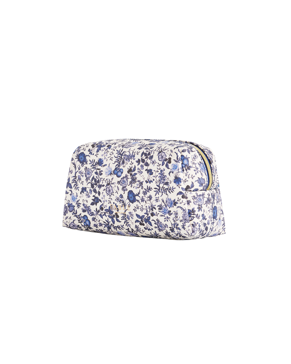 Blue floral patterned cosmetic bag on a white background