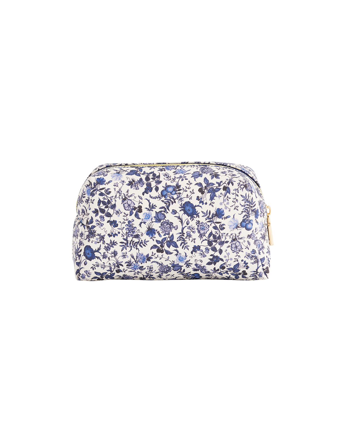 Blue floral patterned cosmetic bag on a white background
