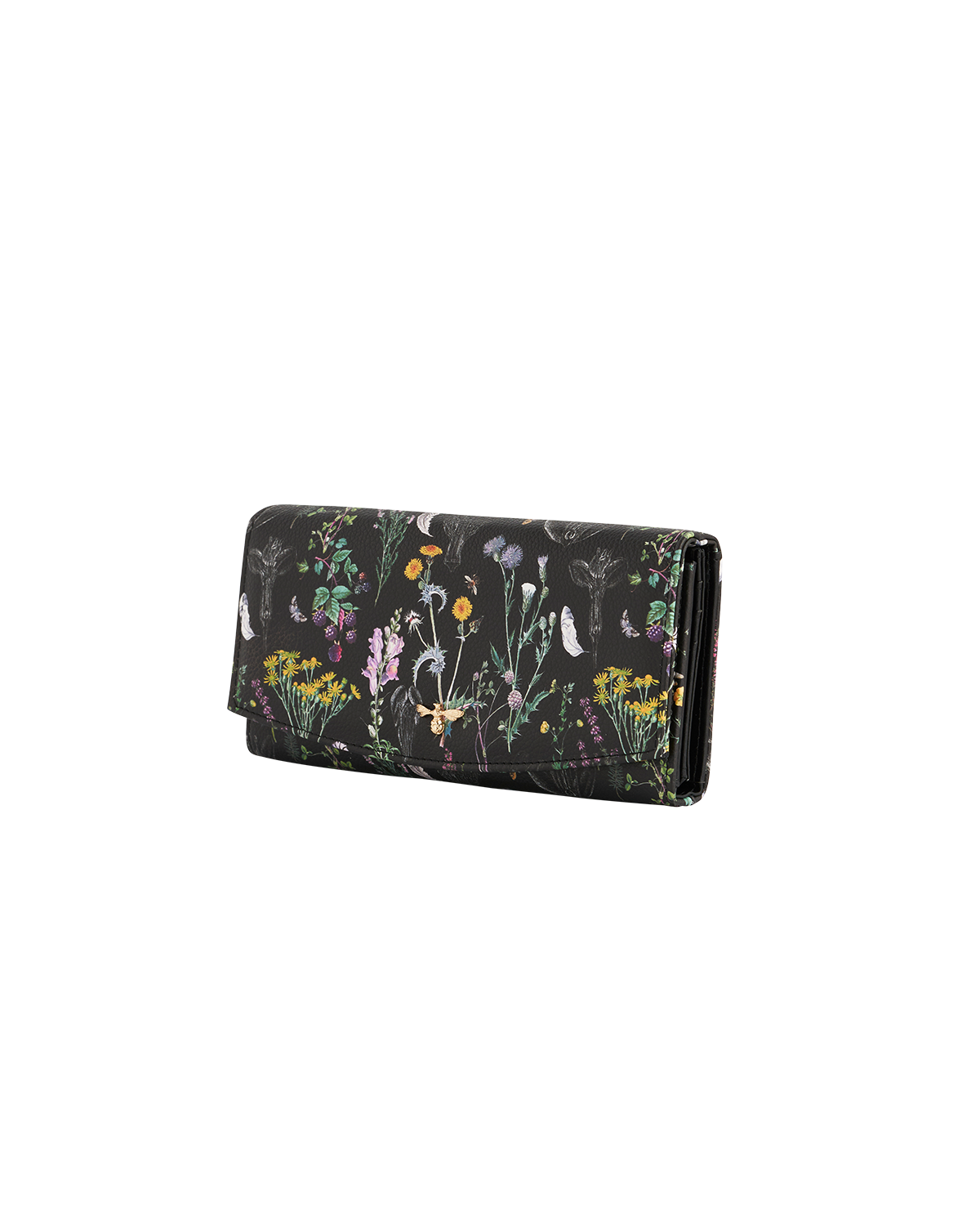 Black purse with floral pattern on a white background