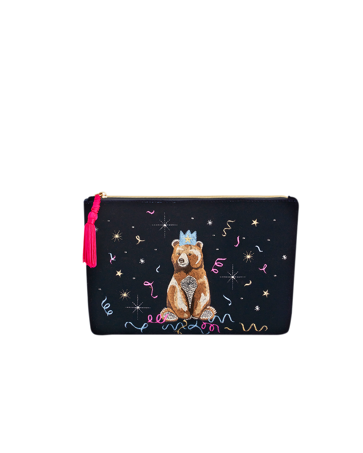Blue pouch with a bear embroidery and colorful details on a white background