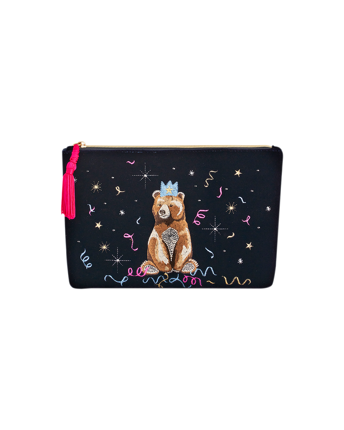 navy pouch with party bear embroidery
