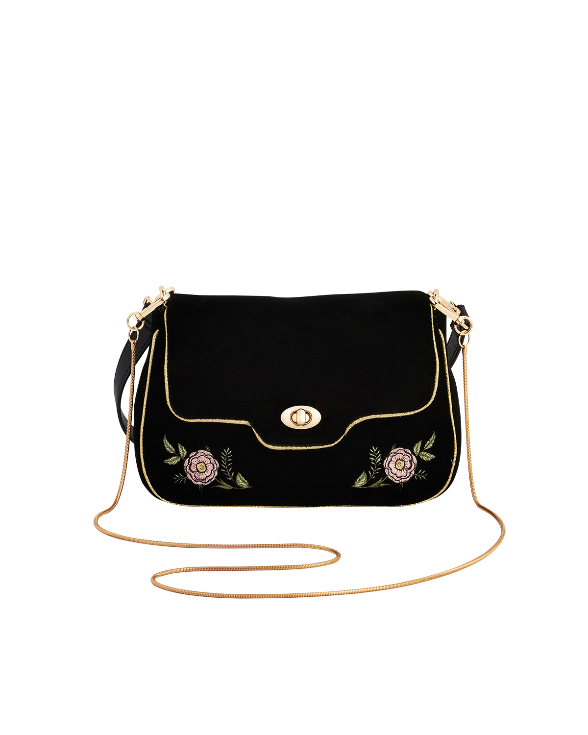 Black handbag with floral embroidery on a white background