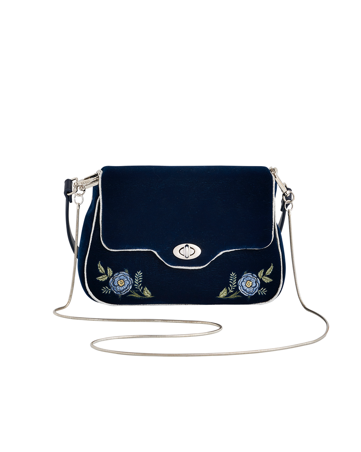 Navy blue handbag with floral embroidery on a white background