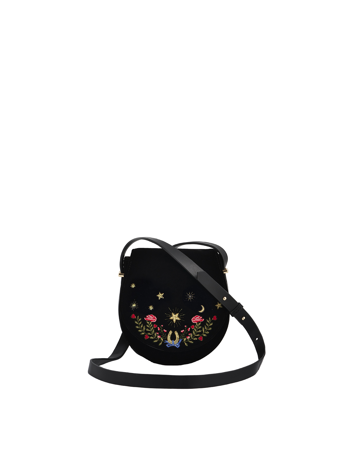 Black velvet saddle bag with floral and star embroidery on a white background