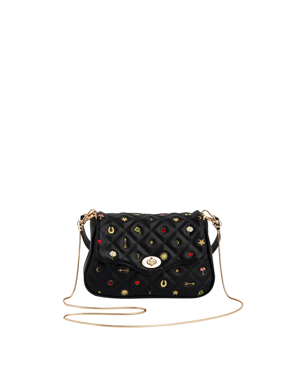 Mary Motif Quilted Crossbody Clutch featuring playful celestial embroidered motifs on a quilted diamond pattern.