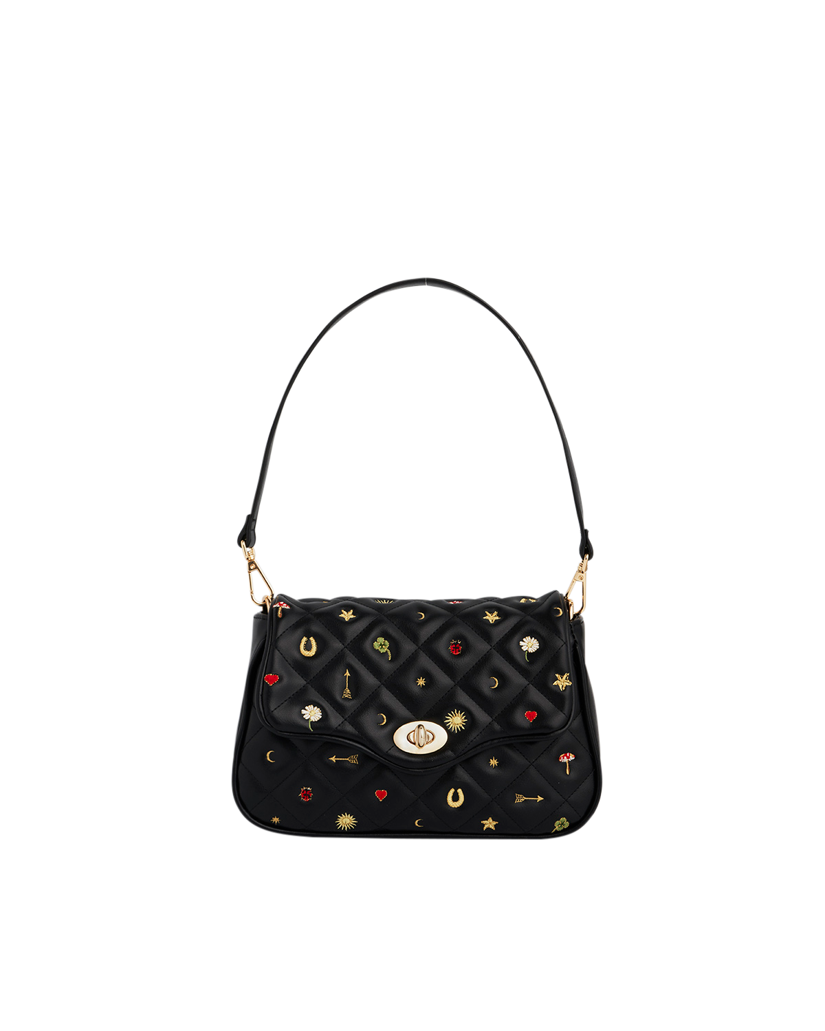 Mary Motif Quilted Crossbody Clutch featuring embroidered celestial motifs and gold-toned hardware.