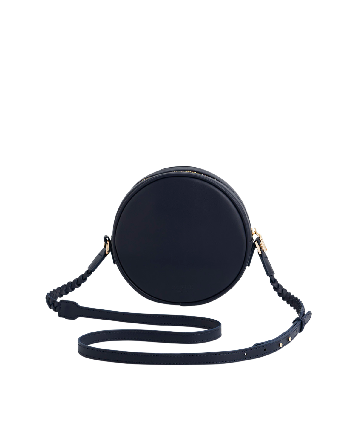 navy round crossbody bag with a strap on a white background