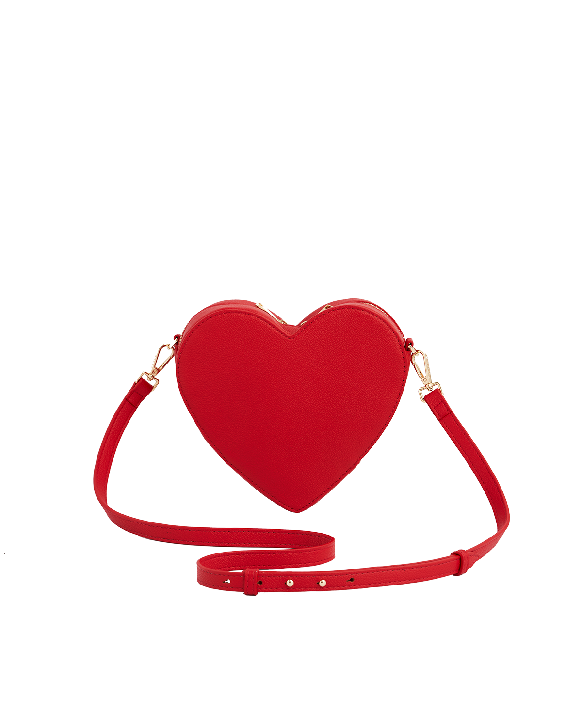 Red heart-shaped handbag with a strap on a white background