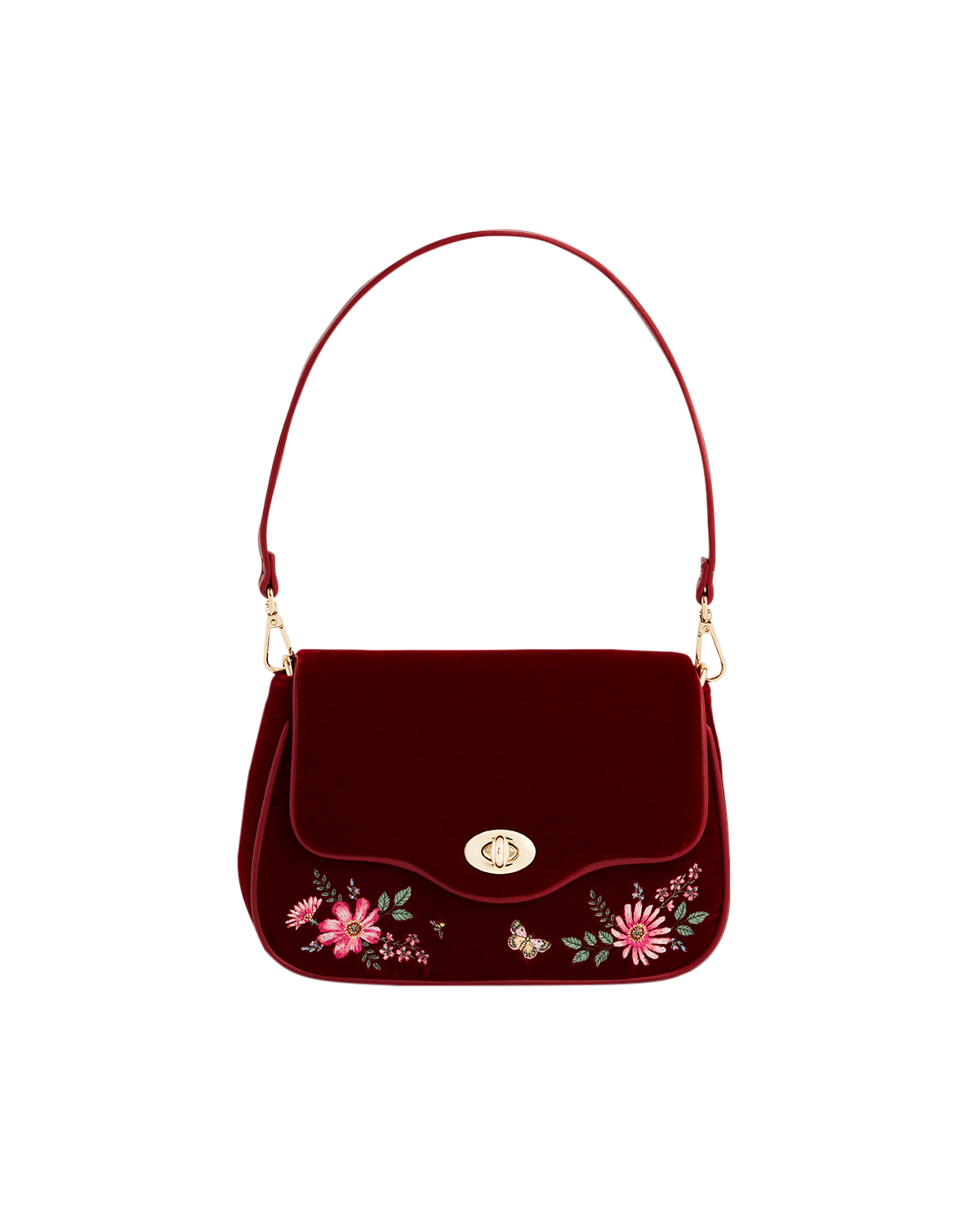 Red velvet handbag with floral embroidery on a white background