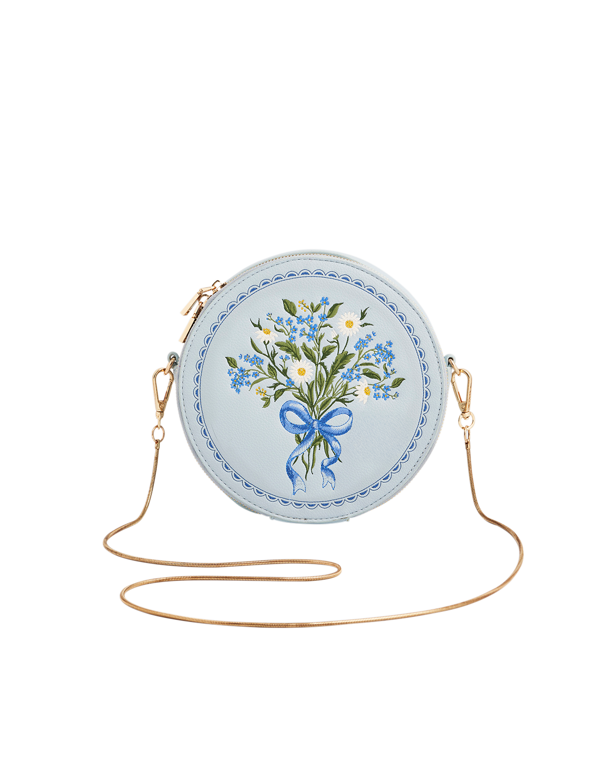 Round crossbody bag with floral design on a white background