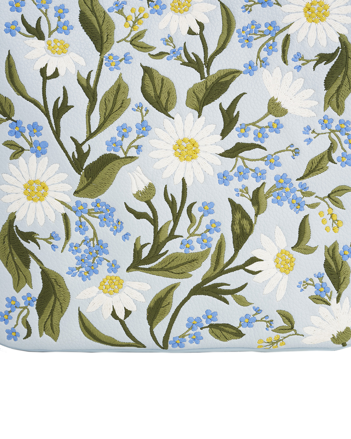 Floral pattern with white daisies and blue flowers on a light blue background