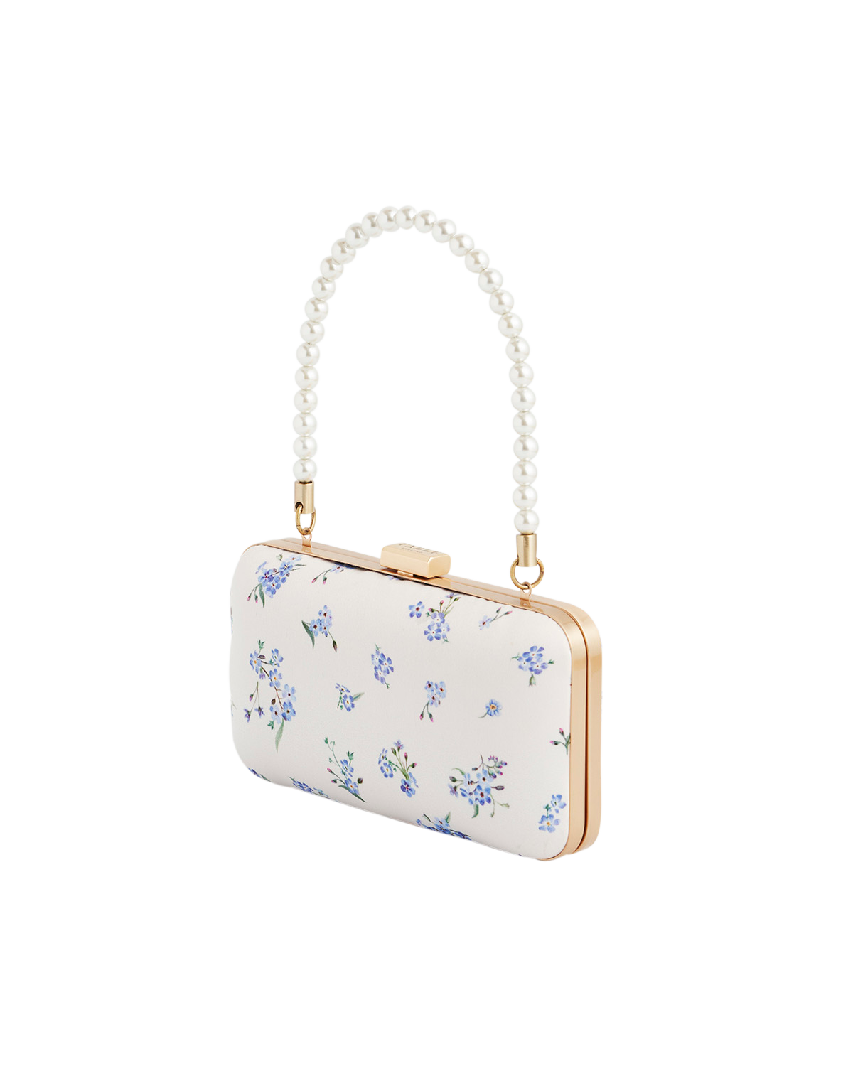 Floral clutch bag with a chain strap on a white background
