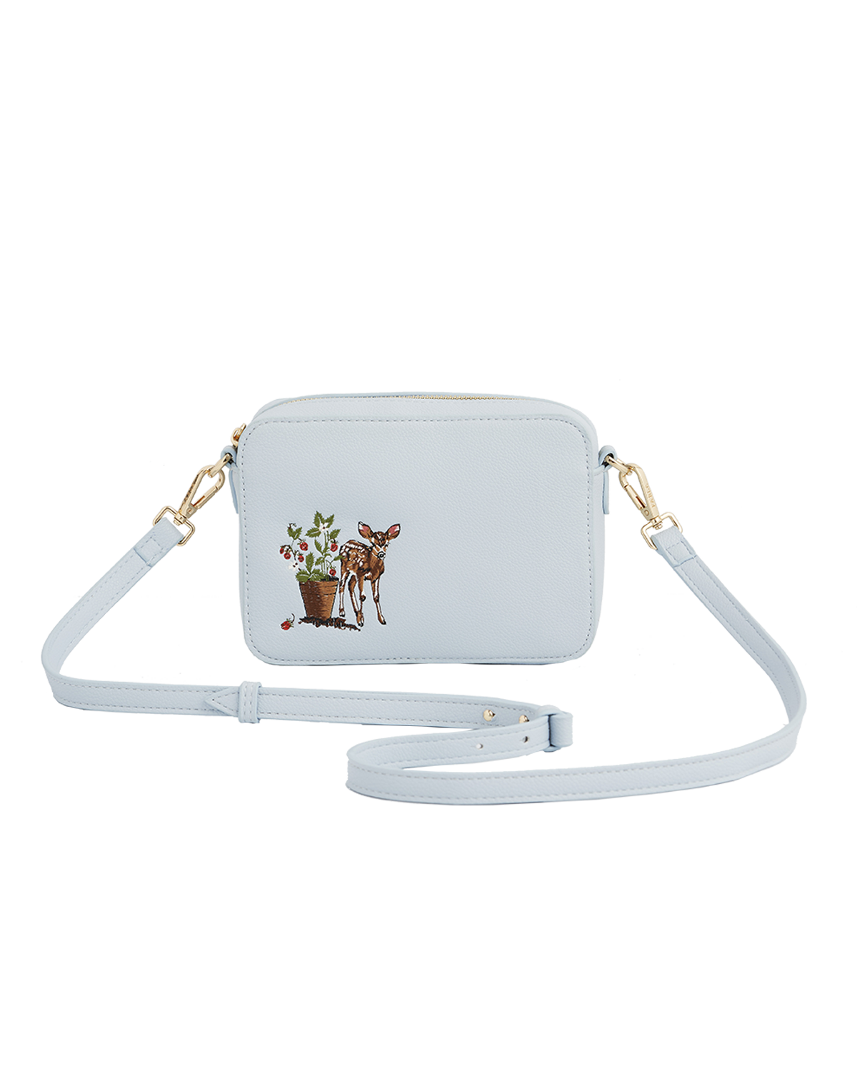 Light blue crossbody bag with a deer and plant design on a white background