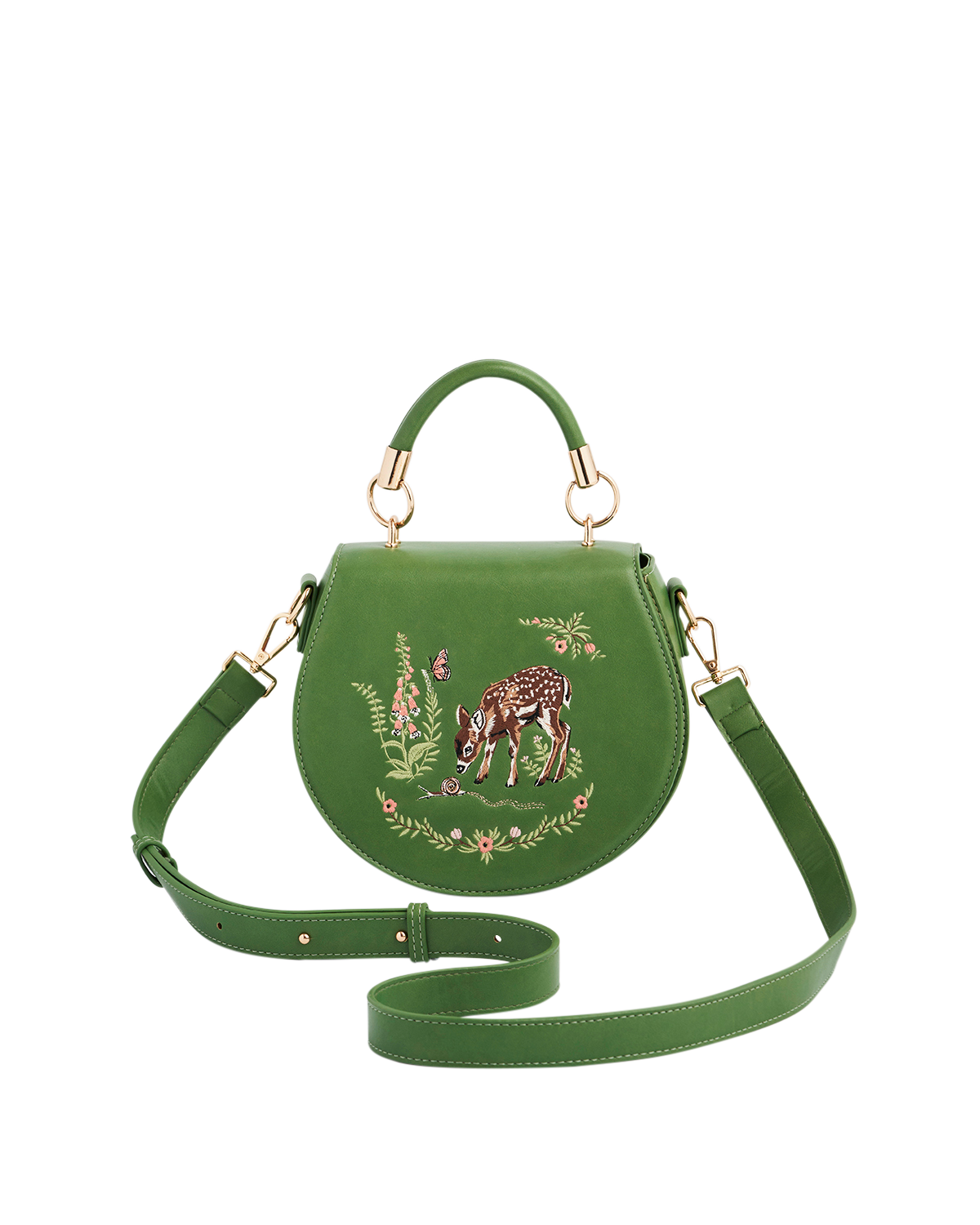 Green handbag with deer and floral embroidery on a white background