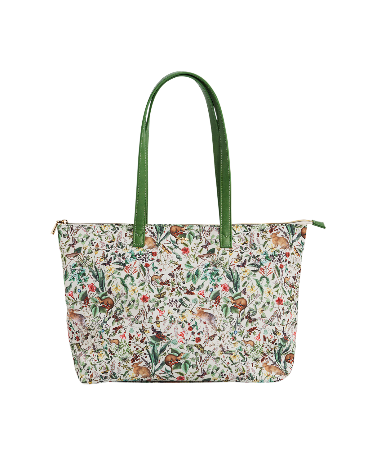 Floral-patterned tote bag with green handles on a white background